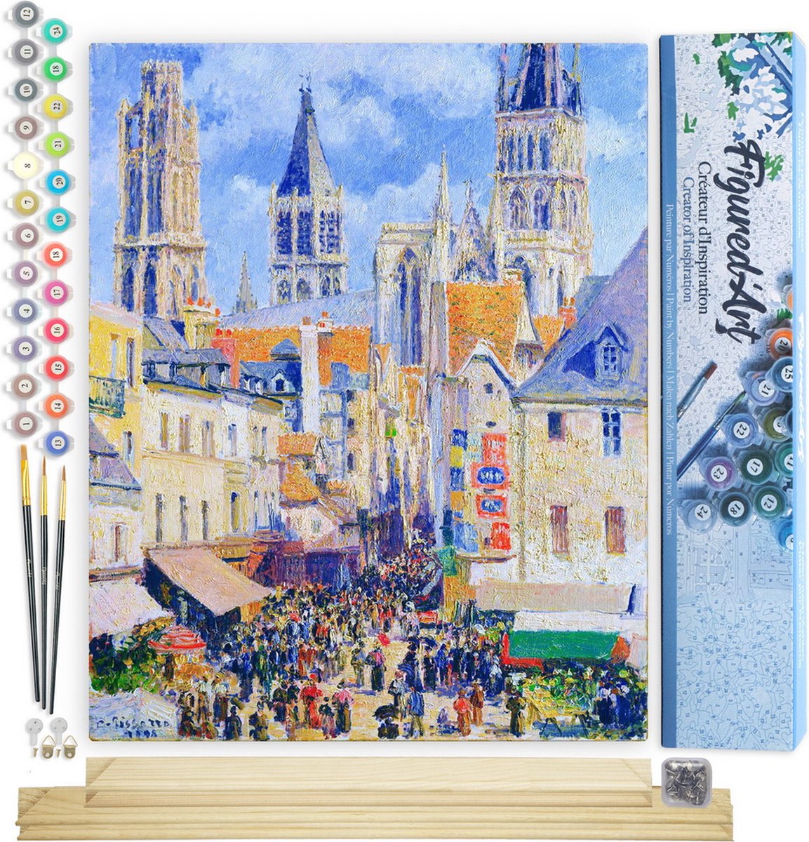FiguredArt Schilderen op Nummer Volwassenen canvas Rue de lÉpicerie, Rouen - Camille Pissarro - Handwerk acrylverf Kit DIY Compleet - 40x50cm met DIY houten lijst